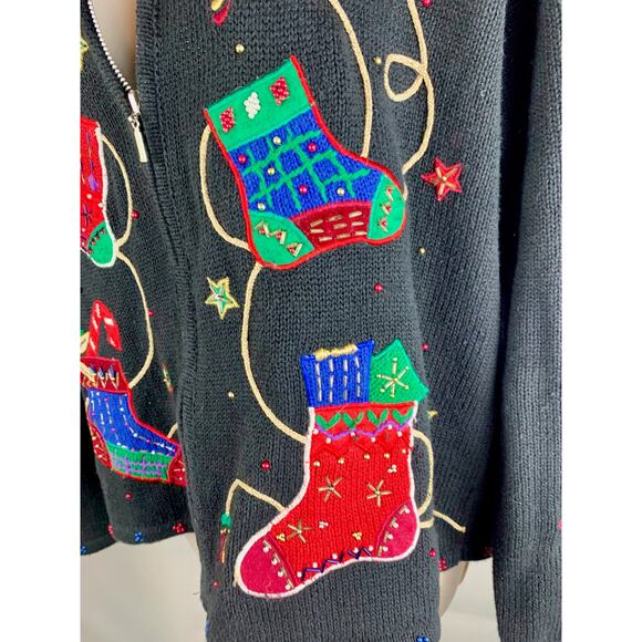 Designer Studio L Black Christmas Cardigan Pretty Sweater Zips - Picture 4 of 13
